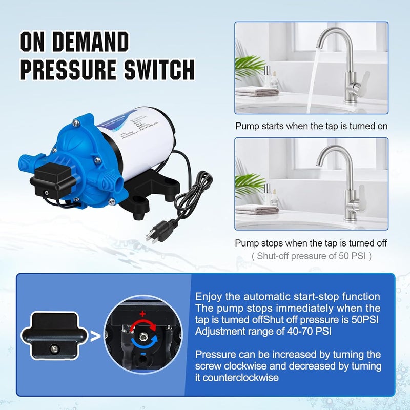 DC HOUSE 110V RV Camper Water Pressure Diaphragm Pump, 4GPM 50PSI 33-Series, On Demand Fresh Water Pump with Pressure Switch for Bathroom Shower Kitchen Sink, Food Truck & Marine Use - Image 4